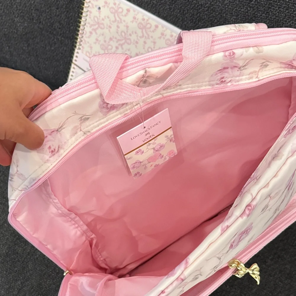 LoveShackFancy x Target Ribbon Rosa Backpack featuring a quilted front pocket